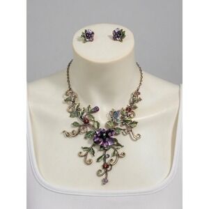 Whimsical Fantasy Floral Enamel Statement Necklace Clip On Earrings Set